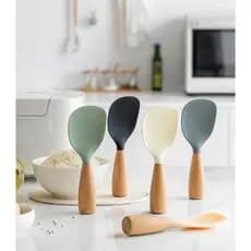 Pá De Arroz De Silicone Com Cabo De Madeira , Espátula De Colher Antiaderente , Panela Resistente Ao Calor , 1 Peça