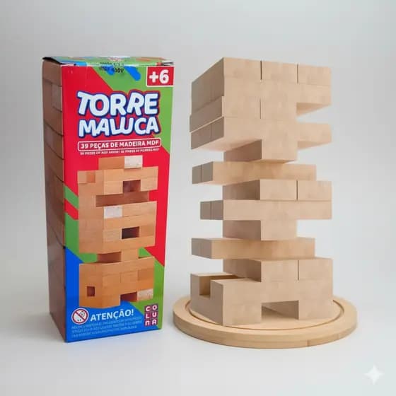 Jogo Torre Maluca – Caiu, Perdeu! Diversão, Estratégia e Equilíbrio com 39 Blocos em MDF