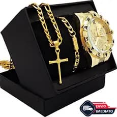 Kit Relógio Masculino Banhado a Ouro Dourado Original Luxo + Corrente em Aço Banhada 18k + Pulseira e Pingente