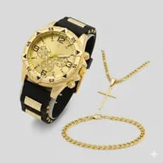 Kit Relógio Masculino + Corrente com Cruz e Pulseira – Banho Ouro 18k Original