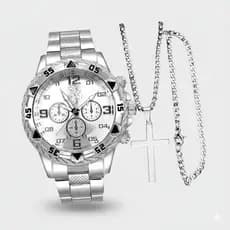 Conjunto Relógio Masculino em Aço + Corrente com Cruz e Pulseira – Luxo e Estilo Premium