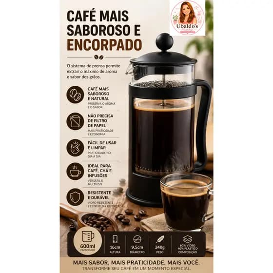Cafeteira Francesa Prensa Manual Café Cremoso Vidro Resistente Fácil Uso 300/600ml