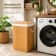 Cesto de Roupas Bambu 50L com Tampa e Alças Organizador Dobrável Lavanderia Banheiro Quarto Bege