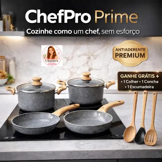 Panelas Cerâmica Antiaderente Tampa Vidro + 3 Utensílios  Kit 7 Peças ChefPro Prime Ceramic  Sortida