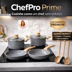 Panelas Cerâmica Antiaderente Tampa Vidro + 3 Utensílios  Kit 7 Peças ChefPro Prime Ceramic  Sortida