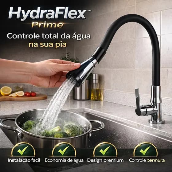 Torneira Pia Cozinha Preta Com Ducha Flexível Silicone Giratória Tipo Mesa Moderna HydraFlex Prime