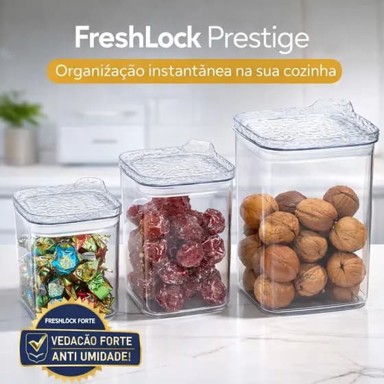 Potes Herméticos Kit 3Vedação Forte FreshLock Prestige Cozinha Mantimentos Transparente Empilhável