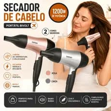 Secador de Cabelo Portátil 1200W Bivolt com Cabo Dobrável e Bocal Concentrador Rosa ou Cinza