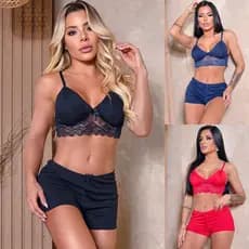 Top Doll Sensual Com Renda Delicada Liso Shortinho Curto Suede Confortável Para Dormir Sem Bojo