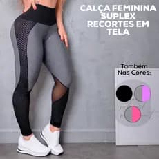 Calça Legging Feminina para Academia Fitness Com Cintura Alta Cós Preto e Recortes em Tela Promoção