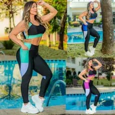 Conjunto Fitness Top Sem Bojo Calça Cintura Alta Confortável Com Decote nas Costas com Bolsos
