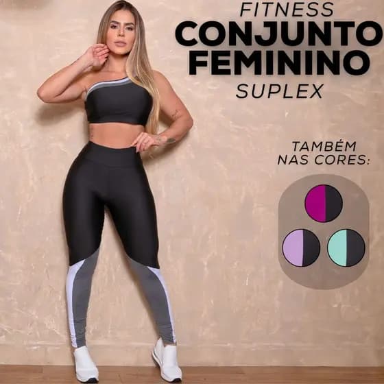 Conjunto Fitness Feminino Top Sem Bojo Ombro Só Conforto Calça Modela Cintura Recortes Coloridos