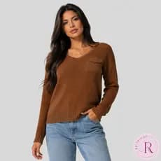 Blusa Suéter Básica Tricô Feminina Gola V Manga Longa Com Bolso Moda Inverno