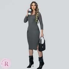 Vestido Midi Tricot Modal Manga Longa Decote Quadrado Elegante
