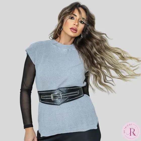 Colete Tricot Feminino Premium Alongado Sem Manga Sobreposição Elegante