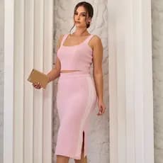 Conjunto Feminino em Tricot Modal Cropped e Saia Midi de Verão