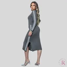 Conjunto Feminino Tricô 2 Peças Blusa e Saia Midi Listra Moda Elegante Tendência