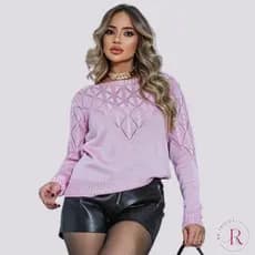 Blusa Feminina Tricot Detalhes em Trança com Renda Manga Longa Gola Canoa