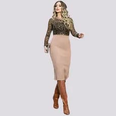 Saia Midi Tricô Feminina Canelada Cintura Alta Fenda Lateral Malha Grossa