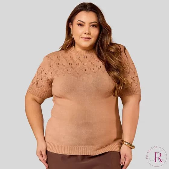 Blusa Feminina Plus Size Tricô Manga Curta Elegante Confortável Tendência