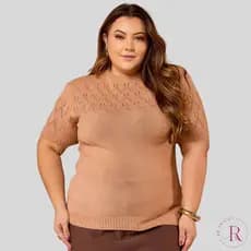 Blusa Feminina Plus Size Tricô Manga Curta Elegante Confortável Tendência