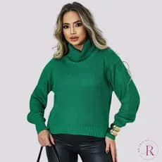 Blusa Cropped Tricô Gola Alta Feminino Manga Longa Malha Confortável Tendência