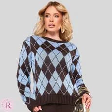 Blusa Feminina Tricô Xadrez Losango Manga Longa Tricot Modal Ampla Inverno Elegante