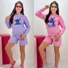 Conjunto Infantil Stitch Menina Blusa de Frio e Short Feminino