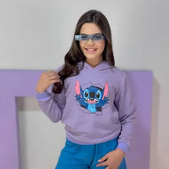 Blusa De Frio Feminino Stitch Com Capuz Moletinho De Frio