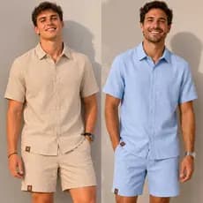 Conjunto Masculino Linho Premium Camisa com Botão e Short
