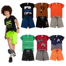 Kit Sortido 6 Peças Camisetas + Shorts 3 Conjuntos Infantil Menino Tamanho 1 ao 14 Verão