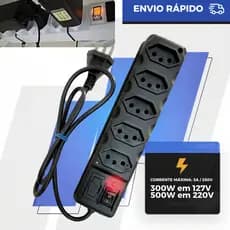 Filtro de Linha Elétrico 3, 4, 5 e 6 Tomadas Tripolar 10A Resistente com Fusível de Proteção