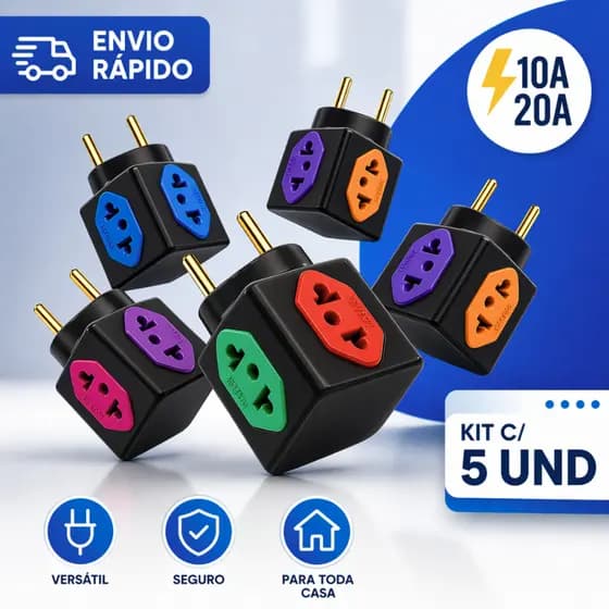 Adaptador de Tomada Benjamim Cubo 4 Tomadas Pino Maciço Resistente 10A/20A