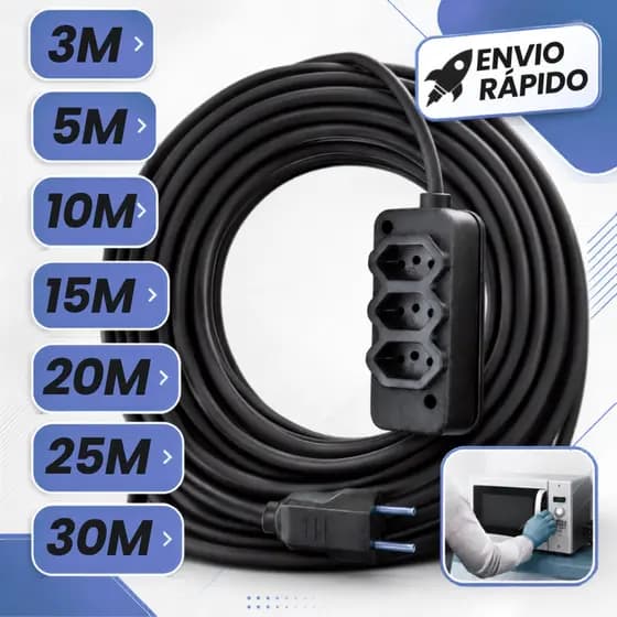Extensão Elétrica CABO PP 2x2.5mm 20A/10A Resistente 3/ 5/15/20/25/30 (METROS)