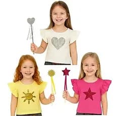 LOOK INFANTIL MENINA BLUSA COM MANGA PRINCESA E DETALHE BRILHO PAETÊ + ACESSÓRIO VARINHA COMBINANDO