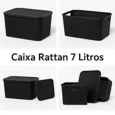 Caixa Organizadora Rattan Com Tampa 7 Litros Preto Kit 3 Pcs