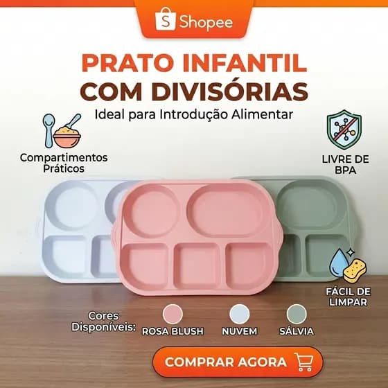 Prato infantil com 5 divisórias introdução alimentar Livre de BPA