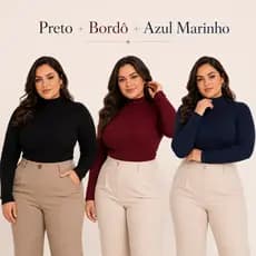 Kit 3 Blusa Cacharrel Feminina, Gola Alta, Modelo CANELADO Elegante