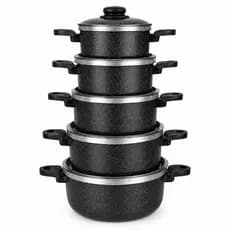 Jogo 5 Caçarolas Alumínio Reforçado Preto Craqueado Premium com Tampa Kit N14 ao N22 Durável Fácil de Limpar