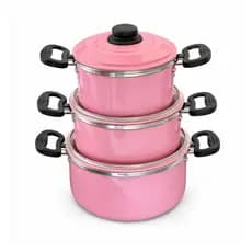 Kit 3 Caçarolas Rosa em Alumínio Reforçado com Tampa | Panelas Leves, Duráveis e Fáceis de Limpar | Nº 14, 16 e 18 cm