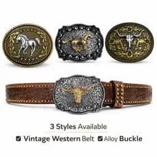 Cinto Cowboy Vintage Unissex Couro PU Fivela Liga Cavalo/Touro Estilo Western Jeans