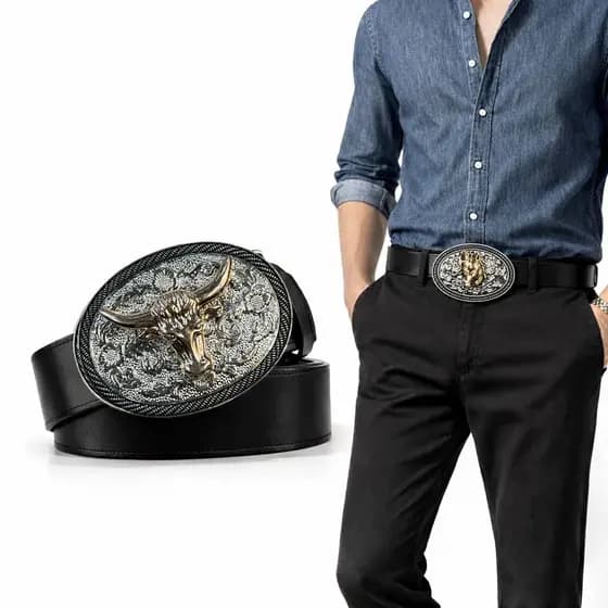 Cinto Masculino Unissex Country Com Fivela De Boi Dourado e Prata Rodeio Para Show Festival
