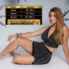 Conjunto saia top cropped balada croppite brilho top feminina, Saia com fundações top amarração Saia brilho top brilho