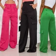Calça Cargo Pantalona Feminina Tecido Alfaiataria Com Bolso
