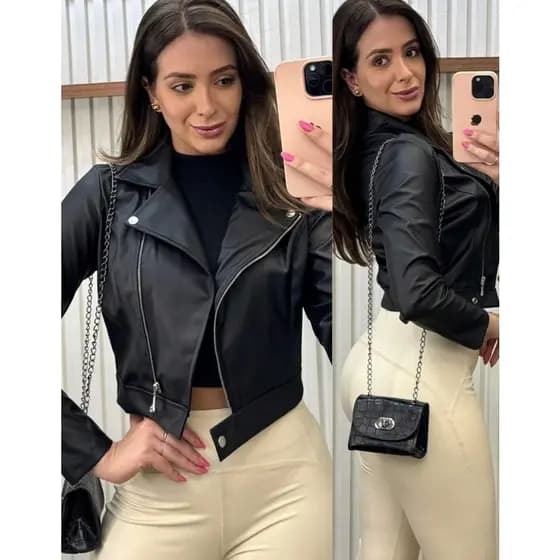 Jaqueta De Couro Feminina com Zíper Elegante Botão