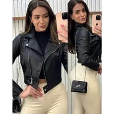 Jaqueta De Couro Feminina com Zíper Elegante Botão