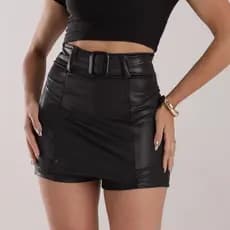 Short Saia Feminino Cirrê Cintura Alta com Cinto Couro Fake