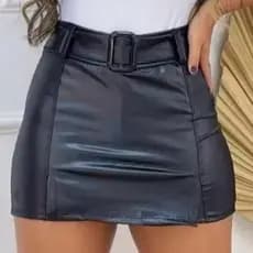 Shorts Saia Cirre Couro Fake com Cinto Feminino do P ao GG