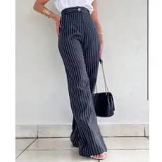 Calça Alfaiataria Pantalona Feminina Giz Cintura Listra Alta Com Bolso Wide Leg
