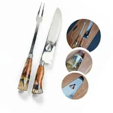 Kit Faca e Garfo Churrasco Artesanal Santa Nossa Senhora Aço Inox 10 polegadas Premium Bainha Couro